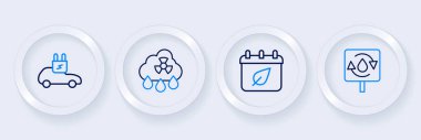 Hattı temiz suya dönüştür, sonbahar yapraklı takvim, asit yağmuru radyoaktif bulut ve elektrikli araba ikonu. Vektör