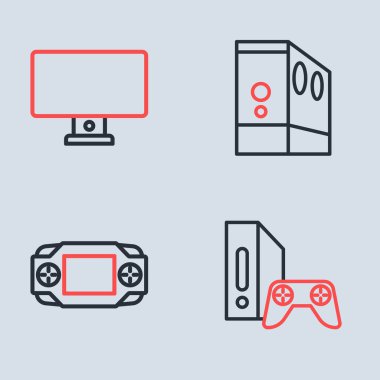 Satır Case of bilgisayar, taşınabilir video oyun konsolu, joystick ve Computer monitör simgesiyle oyun ayarla. Vektör