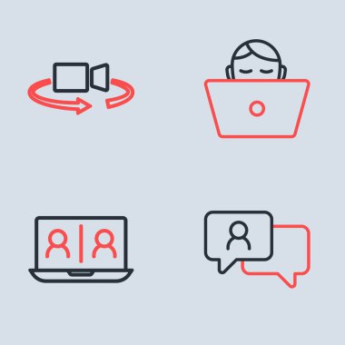 Freelancer hattı, görüntülü sohbet konferansı, konuşma balonu ve 360 derecelik görüntü ikonu. Vektör