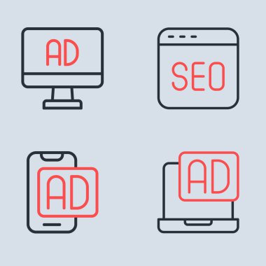 Satır SEO optimizasyonunu, reklamcılığı ve simgeyi ayarla. Vektör
