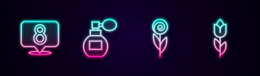 Sıra 8 Mart, Parfüm, Çiçek ve lale. Parlayan neon ikonu. Vektör