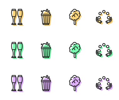 Pamuk helva, bovling pimi, patlamış mısır karton kutu ve hokkabazlık topu ikonu. Vektör