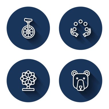 Tek tekerlekli bisiklet, hokkabazlık topu, dönme dolap ve uzun gölgeli ayı kafası. Mavi daire düğmesi. Vektör