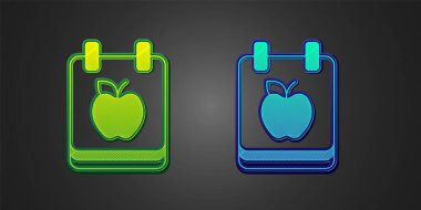 Yeşil ve mavi diyet planı simgesi siyah arkaplanda izole edildi. Fitness maratonu konsepti, düzgün beslenme, sağlıklı yemek, güzel vücut, sebze, zayıflama. Vektör