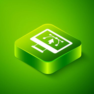 Yeşil arkaplanda izole edilmiş vektör tasarım program simgesine sahip Isometric Bilgisayar görüntüsü. Kullanıcı arayüzü ile fotoğraf düzenleme yazılımı. Yeşil kare düğmesi. Vektör