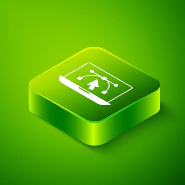 Yeşil arkaplanda izole edilmiş vektör tasarım program simgesine sahip Isometric Bilgisayar görüntüsü. Kullanıcı arayüzü ile fotoğraf düzenleme yazılımı. Yeşil kare düğmesi. Vektör