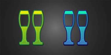 Siyah arkaplanda yeşil ve mavi bovling lobutları var. Hokkabazlık kulüpleri, sirk şekerlemeleri. Vektör