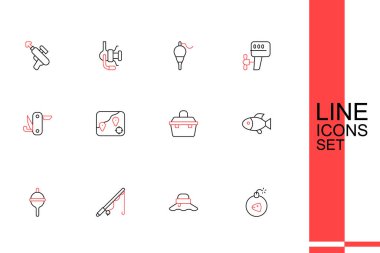 Misina bombası, Balıkçı şapkası, olta, şamandıra, çanta ya da balıkçılık malzemeleri için kutu, konum ve İsviçre çakısı ikonu. Vektör