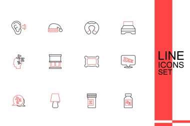 Sıraya girin Uyku hapı, Masa lambası, Uykucu, Yastık, Perdeli Pencere ve Rüya ikonu. Vektör