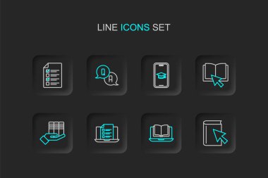 Online rehber, sınıf, sınav, test, anket, kitap bağışı, mezuniyet şapkası telefonu, soru ve cevap ve ikon. Vektör