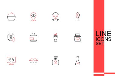 Tırnak cilası şişesi, tüp el kremi, gülen dudaklar, parfüm, krem veya losyon kozmetik tüpü ve yüz maskesi ikonu. Vektör