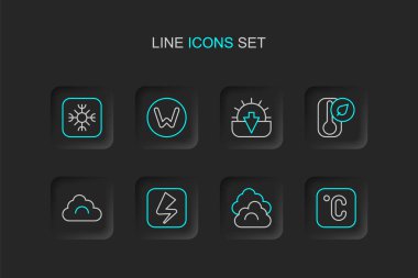 Hat Celsius, Cloud, Lightning bolt, Thermometer, Sunset, Compass North ve Snowflake ikonu. Vektör