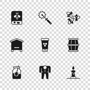 Arıcı kostümü, ballı ahşap fıçı, yanan mum, kozmetik tüp, arılar, arılar hakkında kitap, kesiciler ve arı kovanı ikonu. Vektör