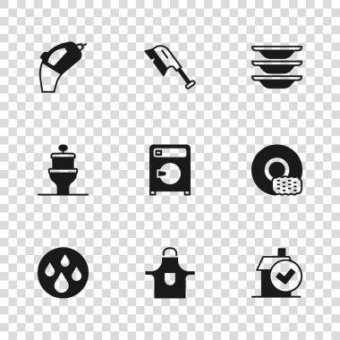 Mutfak önlüğü, bulaşık yıkama, ev temizleme servisi, çamaşır makinesi, taşınabilir elektrikli süpürge, fırça ve klozet ikonu. Vektör