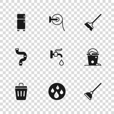 Su damlası, köpük ve köpüklü kova, lastik pompa, musluk, paspas, buzdolabı, tuvalet kağıdı rulosu ve endüstriyel metalik boru ikonu. Vektör