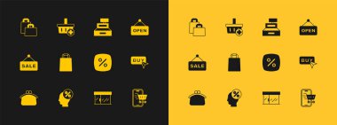 Asılma işaretini metin Açık, indirimli yüzde etiketi, market, kağıt alışveriş torbası, kasa makinesi ve alışveriş sepeti simgesi ekle. Vektör