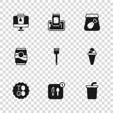 Gıda siparişi, dondurma gözlemesi, su, çatal, çevrimiçi yemek, mobil ve soda ikonunda kağıt bardak. Vektör