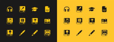 PDF dosya belgesi, dolmakalem ucu, silgi, mezuniyet şapkası, kulaklık ve silah simgesi ile ilgili kalem ucunu ayarlayın. Vektör