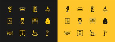 Lamba asma, çekmece sandığı, Kol sandalyesi, Ofis, Kütüphane kitaplığı, Palto standı ve kanepe ikonu. Vektör