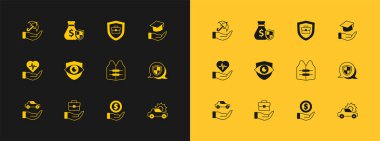 Eğitim ödeneği, el çantası, can yeleği, rozetli para, kalkan gözü, evrak çantası, şemsiye el ve çanta ikonu. Vektör