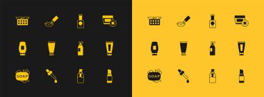 Tüpte güneş kremi, yağlı Pipette, bir şişe şampuan, sıvı sabun, krem ya da losyon kozmetik, oje, makyaj tozu aynası ve dudak büyütme ikonu. Vektör