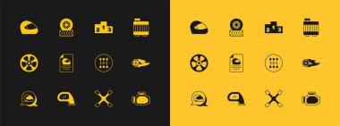 Araba radyatörü soğutma sistemi, ayna, vites kolu, İngiliz anahtarı, yarış kaskı, spor şampiyonu podyumu ödülü ve tekerlek ikonu. Vektör