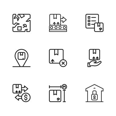 Karton kutu ölçümü, teslimat eli, kapalı depo, karton mukavva, teslimat listesinin doğrulanması, kırık, taşıma bandı ve konum simgesi. Vektör