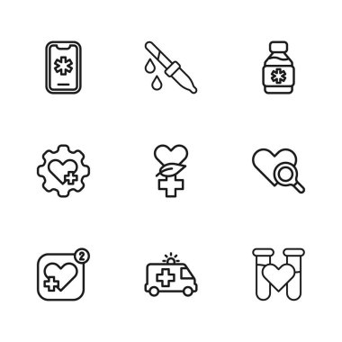 Ambulans arabası, kalp muayenesi, kan testi tüpü, Ethnoscience, ilaç şurubu şişesi, 911 'i arayın, Pipette ve Heart haç ikonu. Vektör