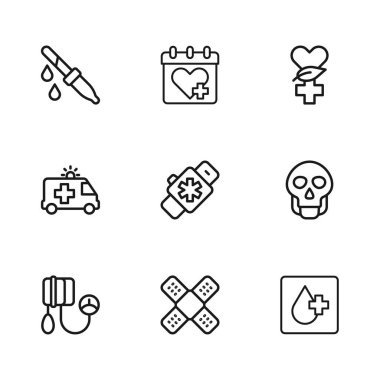 Çizgiyi aşmış bandaj bandı, Kafatası, Kan Testi, Kalbi olan akıllı saat, Ethnoscience, Pipette, Doktor randevusu ve ambulans arabası ikonu. Vektör