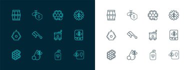 Sırayı çiçeğe, bal peteğine, bal sökücüye, kozmetik tüpe, arıcılık fırçasına, bal peteğine, ahşap fıçıya ve arı ikonuna ayarla. Vektör