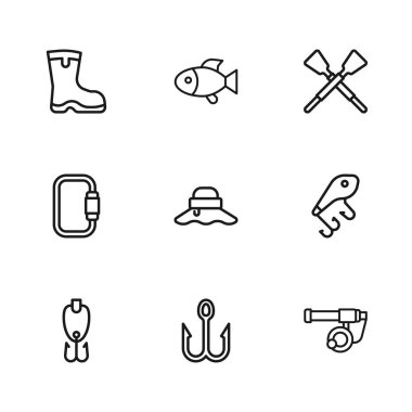 Oltayı, oltayı, oltayı, balıkçı şapkasını çapraz kürekleri, kürekleri, botları ve karabina ikonunu ayarla. Vektör