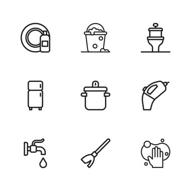 Hat süpürgesi, taşınabilir elektrikli süpürge, sünger, tencere, klozet, bulaşık tabağı köpüklü kova ve buzdolabı ikonu. Vektör