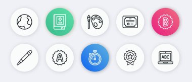 Satır Kronometresi, Yanlış cevapları olan sınav kağıdı, Kalem silici, Madalya yıldızı, Sertifika şablonu, Boya fırçası paleti, Laptop ve A sınıfı simge. Vektör