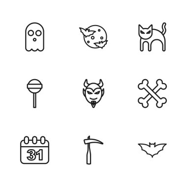 Çizgi çizgisi, çapraz kemikler, uçan yarasa, şeytan kafası, kara kedi, hayalet, ay ve yıldızlar ve lolipop ikonu. Vektör