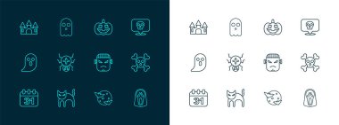 Set hattı, Kurukafa, Kara Kedi, Frankenstein yüzü, Ay ve yıldızlar, Örümcek, Balkabağı, Kale ve Hayalet ikonu. Vektör