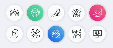 Boo konuşma baloncuğu, uçan yarasa, Hayalet, Kara Kedi, Örümcek, Kanlı Bıçak, Mutlu Cadılar Bayramı ve Çapraz Kemik Simgesi. Vektör