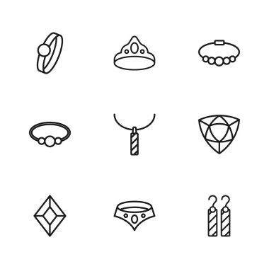 Kolye, elmas, küpe, kolye, bilezik, nişan, kral tacı ve ikon. Vektör