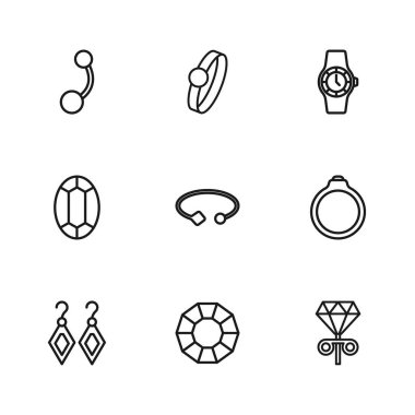 Set hattı Diamond, nişan yüzüğü, küpe, bileklik, kol saati, piercing ve mücevher taşı ikonu. Vektör