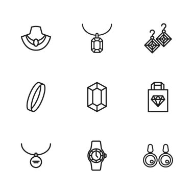 Bileklik saati, alışveriş çantası mücevherleri, küpeler, mücevher taşı, kolye mankeni, kolye kolyesi ve düğün ikonu. Vektör