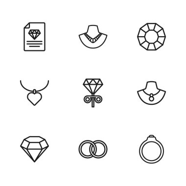 Satır çizgisi alyanslar, manken kolye elmas nişan küpeler, elmas sertifika ve kalp şeklinde ikon. Vektör