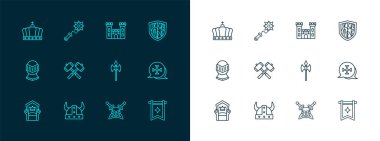 Kalkan hattı, boynuzlu miğfer giymiş Viking, Ortaçağ baltası, Kılıçlı Kafatası çapraz savaş çekiçleri, Şato, Kral taç ve mızrak sivri uçlu ikon. Vektör