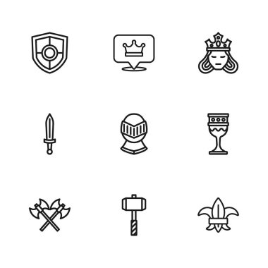 Set line Battle hammer, Medieval goblet, Fleur de lys or lily flower, helmet, Princess queen, Shield, King crown and sword icon. Vector clipart