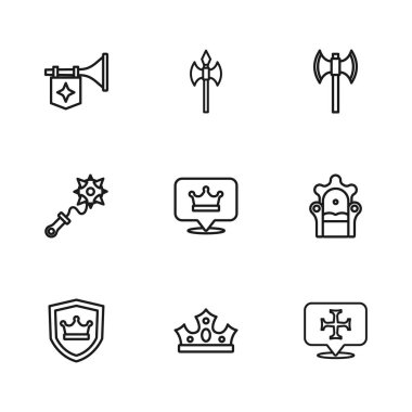 Kral tacı, Ortaçağ tahtı, Haçlı Seferi, kutup baltası, bayraklı trompet ve mızrak ikonu. Vektör
