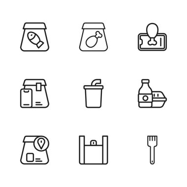 İnternetten yiyecek, çatal, su ile kağıt bardak, cep telefonuyla yiyecek, balık, yemek ve ikon siparişi verin. Vektör