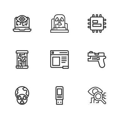 Satır USB flaş bellek, fütüristik silah, göz taraması, tarayıcı penceresi, işlemci işlemcisi, bilgisayar görüşü, radyoaktif uyarı lambası ve kriyojenik kapsül simgesi ayarla. Vektör