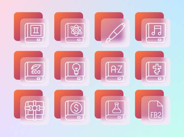 Satır Ses Kitabı, Finansal, Çevirmen, Kimya, Kullanıcı Kılavuzu, Dolma kalem ucu, Kitap ve fizik simgesi. Vektör