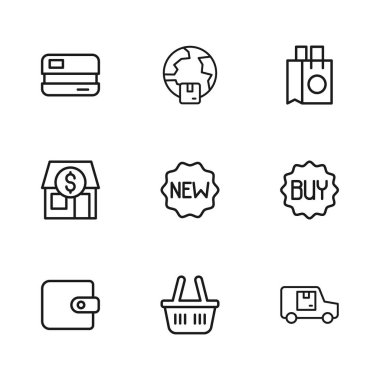 Alış veriş sepeti, satın alma düğmesi, kargo kamyonu, yeni, kağıt alışveriş torbalı etiket, kredi kartı, dünya çapında nakliye ve market ikonu. Vektör