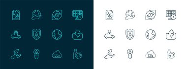 Hat hattı güneş enerjisi paneli, yapraklı ampul, Dünya küresi, karbondioksit emisyonları bulut, kalkan, su, radyoaktif atık varili ve el ikonu. Vektör