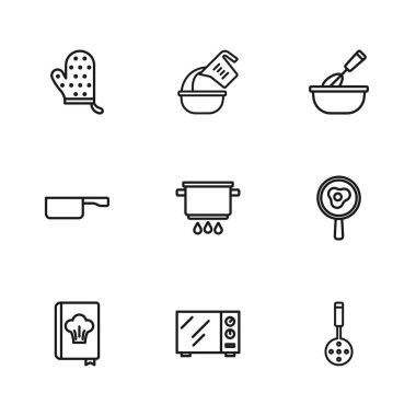 Hattı ayarla mikrodalga fırın, kızartma tavasında kızarmış yumurta, spatula, tencere ateşi, fırın eldiveni, ölçü kabı ve kızartma ikonu. Vektör