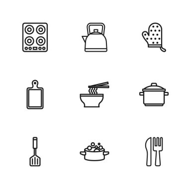 Hattı ayarla. Yemek tenceresi, çapraz bıçak ve çatal, Asya erişte kasesi, fırın eldiveni, gaz sobası, saplı su ısıtıcısı ve tahta simgesi. Vektör